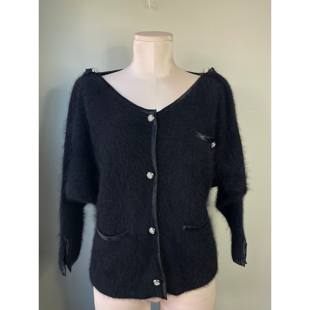 Signatures Cardigan Black Angora Wool Batwing Rhinestone Button Vintage 44